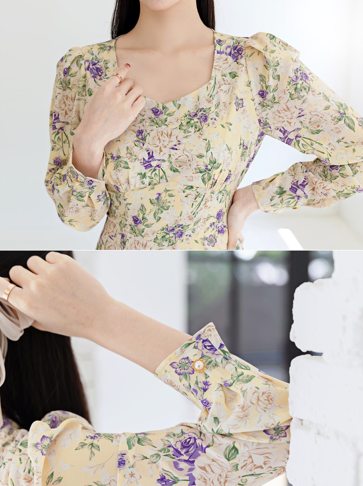 Floral Pattern Midi Long Flare Dress / Korean Style Long Sleeve Women Dress / Bridesmaid Dress