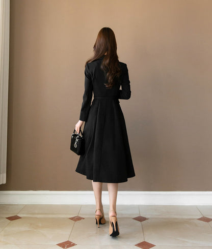 Classic Elegant Feminin Double Breasted Dress / Korean Style Midi Dress / Modern Chic Tailored Collar Dress / TrenchCoat Jacket Style Dress