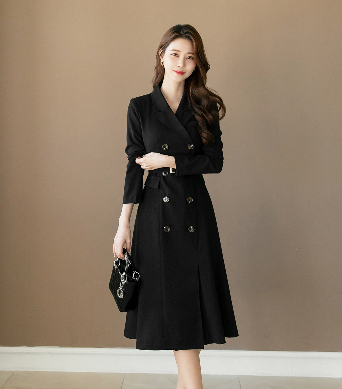 Classic Elegant Feminin Double Breasted Dress / Korean Style Midi Dress / Modern Chic Tailored Collar Dress / TrenchCoat Jacket Style Dress