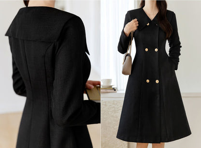 Elegant Feminin Sailor Wide collar Double Breasted Tweed Dress / Korean Style Modern Chic Dress / Jacket Coat Style Dress