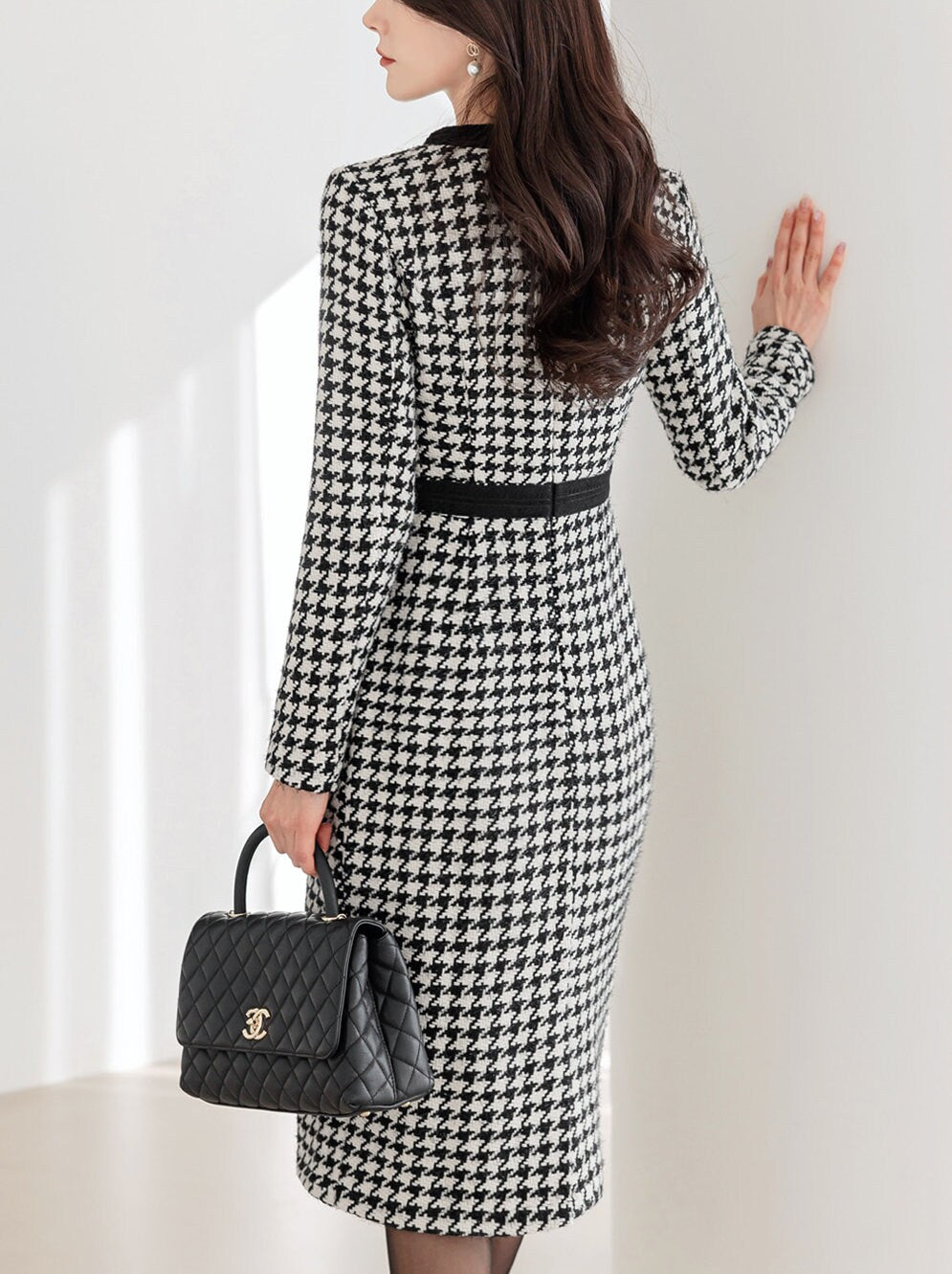 Elegant Classic Houndstooth Tweed Dress / Korean Style Feminine Midi Dress / Luxury wear Elegant Party Dress