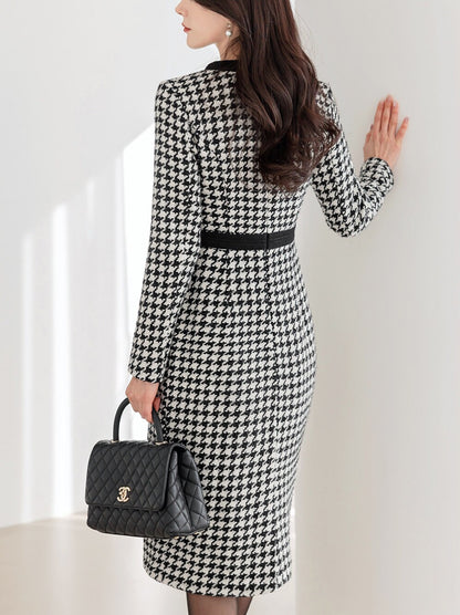 Elegant Classic Houndstooth Tweed Dress / Korean Style Feminine Midi Dress / Luxury wear Elegant Party Dress