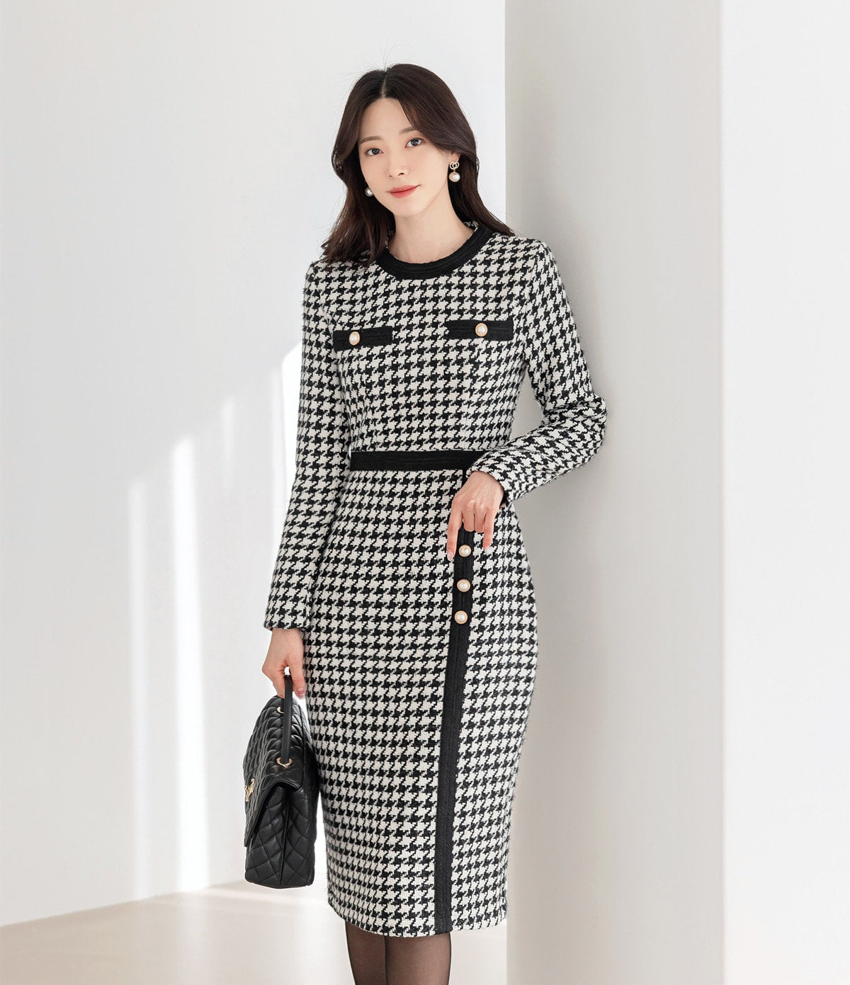 Elegant Classic Houndstooth Tweed Dress / Korean Style Feminine Midi Dress / Luxury wear Elegant Party Dress