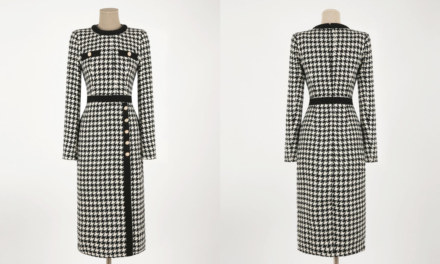 Elegant Classic Houndstooth Tweed Dress / Korean Style Feminine Midi Dress / Luxury wear Elegant Party Dress