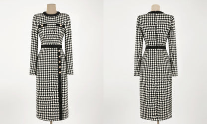 Elegant Classic Houndstooth Tweed Dress / Korean Style Feminine Midi Dress / Luxury wear Elegant Party Dress