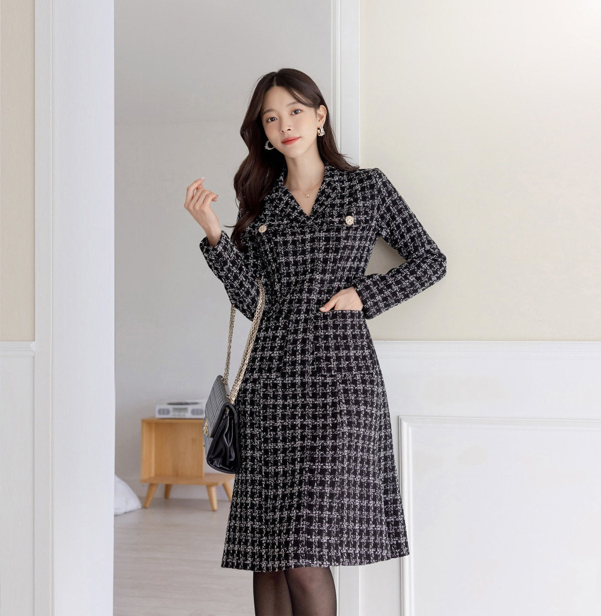 Classic Elegant Tweed Dress with Pockets / Korean Style Feminine Mini Dress / Luxury wear Elegant Party Dress