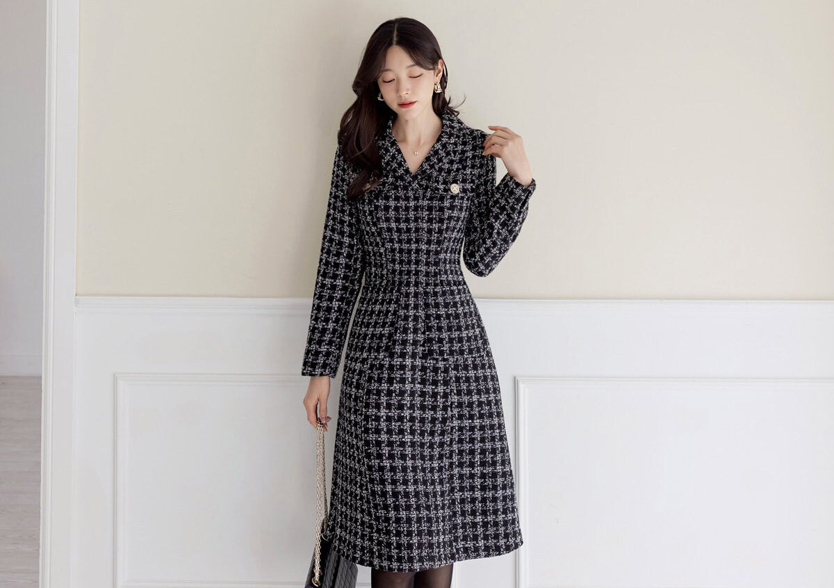 Classic Elegant Tweed Dress with Pockets / Korean Style Feminine Mini Dress / Luxury wear Elegant Party Dress