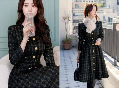 Elegant Classic Wool Blend Tweed V Neck Flare Dress with Gold Button / Korean Style Feminine Mini Dress / Luxury wear Elegant Party Dress