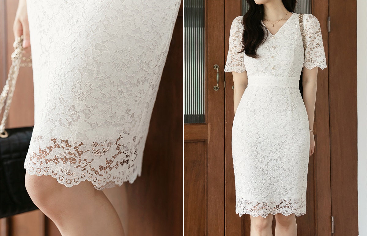 Short Sleeve V Neck Lace Spring Summer Mini Dress / Korean Style Slim Fit Dress / Luxury wear Elegant Dress / Elegant Unique Bridal Dress