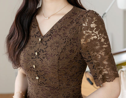 Short Sleeve V Neck Lace Spring Summer Mini Dress / Korean Style Slim Fit Dress / Luxury wear Elegant Dress / Elegant Unique Bridal Dress