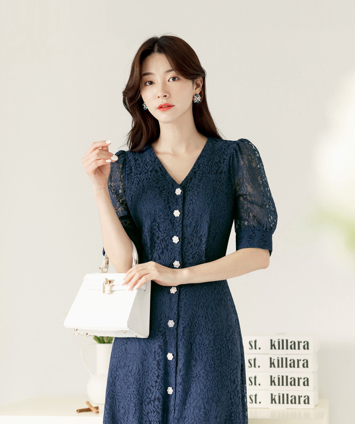 Elegant Unique Short Sleeve Navy Lace Dress / Vintage Style Front Button Lace Dress / Korean Style V-neck Feminine Dress