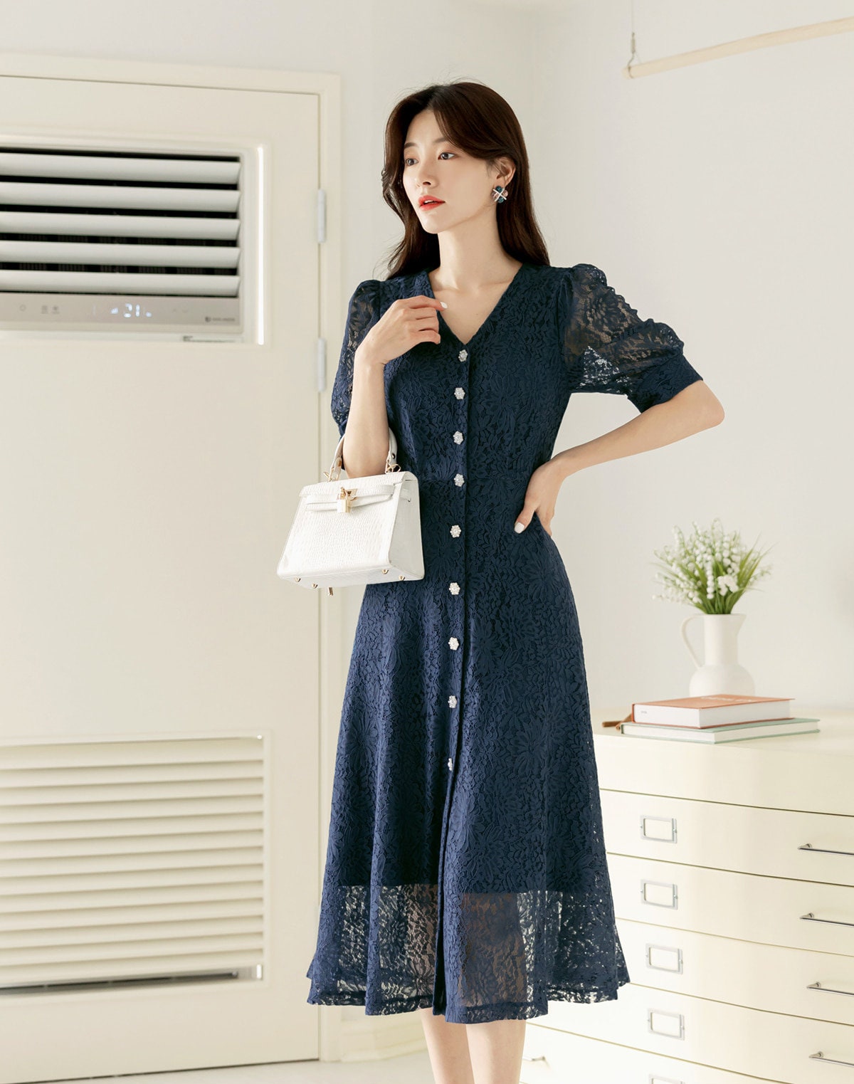 Elegant Unique Short Sleeve Navy Lace Dress / Vintage Style Front Button Lace Dress / Korean Style V-neck Feminine Dress