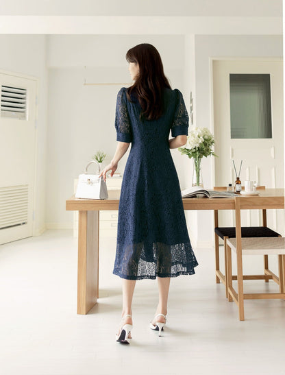 Elegant Unique Short Sleeve Navy Lace Dress / Vintage Style Front Button Lace Dress / Korean Style V-neck Feminine Dress