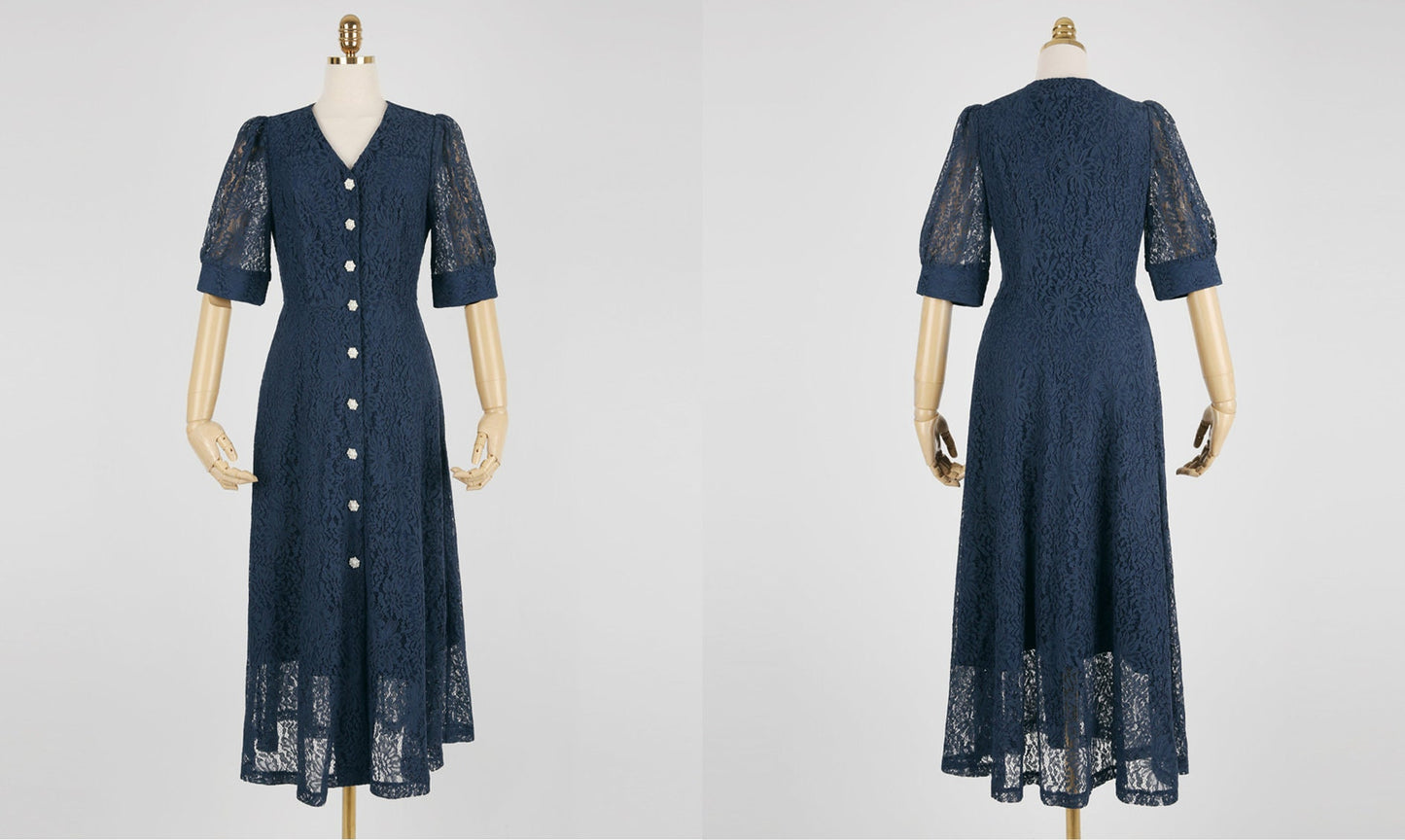 Elegant Unique Short Sleeve Navy Lace Dress / Vintage Style Front Button Lace Dress / Korean Style V-neck Feminine Dress