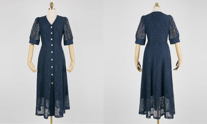 Elegant Unique Short Sleeve Navy Lace Dress / Vintage Style Front Button Lace Dress / Korean Style V-neck Feminine Dress