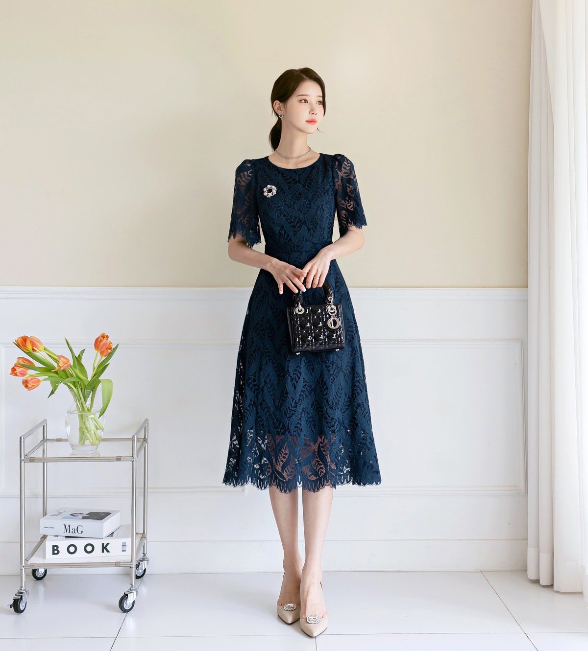 Short Sleeve Spring Summer Lace Dress / Korean Style Lace Midi Dress / Luxury wear Elegant Dress