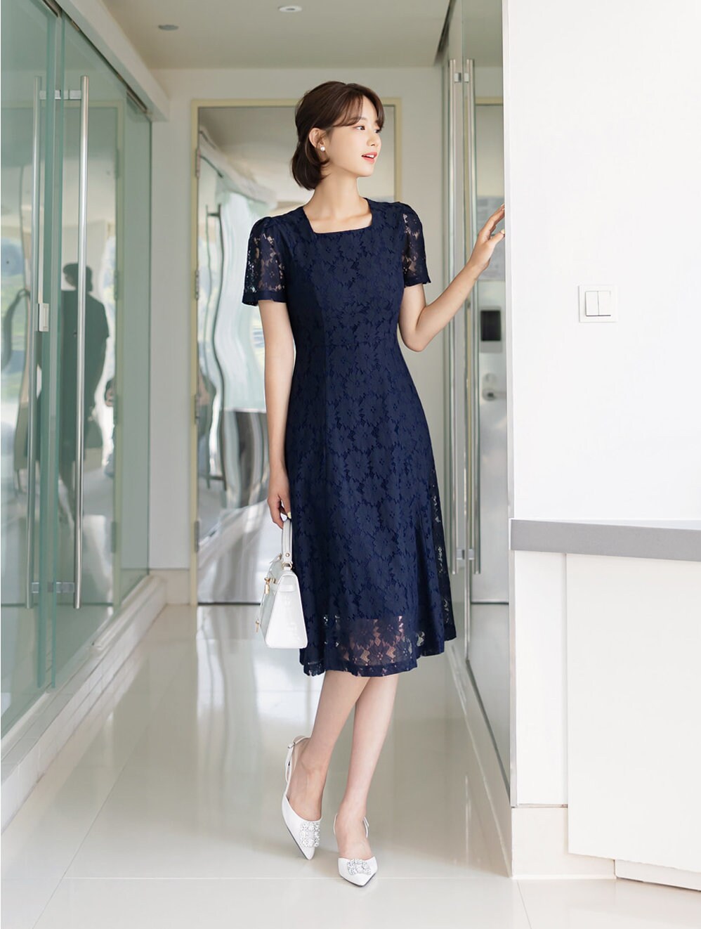 Square Neck Short Sleeve Spring Summer Lace Dress / Korean Style Lace Midi Dress / Luxury wear Elegant Dress