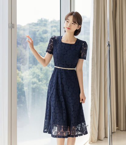 Square Neck Short Sleeve Spring Summer Lace Dress / Korean Style Lace Midi Dress / Luxury wear Elegant Dress