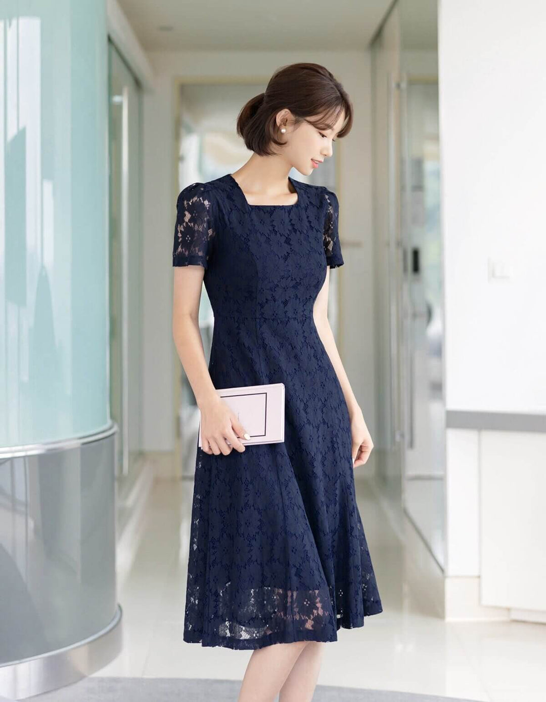 maggy london yellow lace dress LONG SLEEVE V-NECK MIDI DRESS – Maggy London main image 1