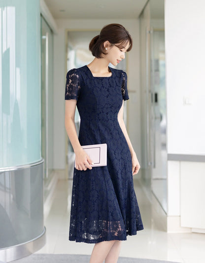 Square Neck Short Sleeve Spring Summer Lace Dress / Korean Style Lace Midi Dress / Luxury wear Elegant Dress