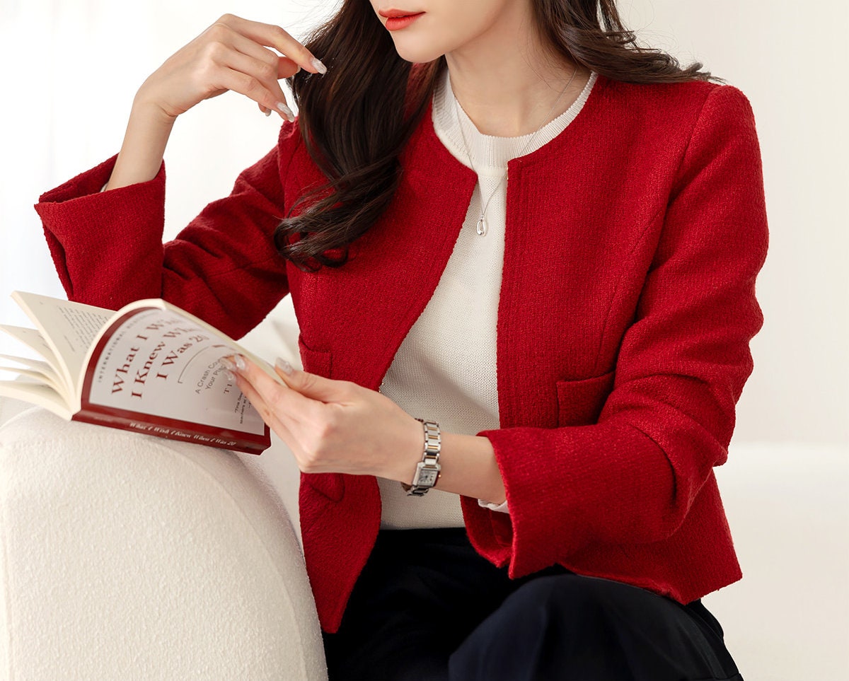 Elegant Warm Soft Tweed Jacket Blazer / Korean Style Classic Cardigan Spring Fall Blazer / Long Sleeve Soft Jacket for Women