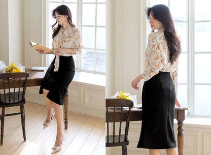 Elegant Pattern Tie Blouse / Korean Style Tie Neck Blouse Top / Office Look Top / Everyday Soft Blouse for Women