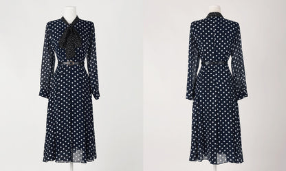 Dot Pattern Tie Neck Chiffon Flare Dress with Belt / Korean Style Long Sleeve Midi Dress