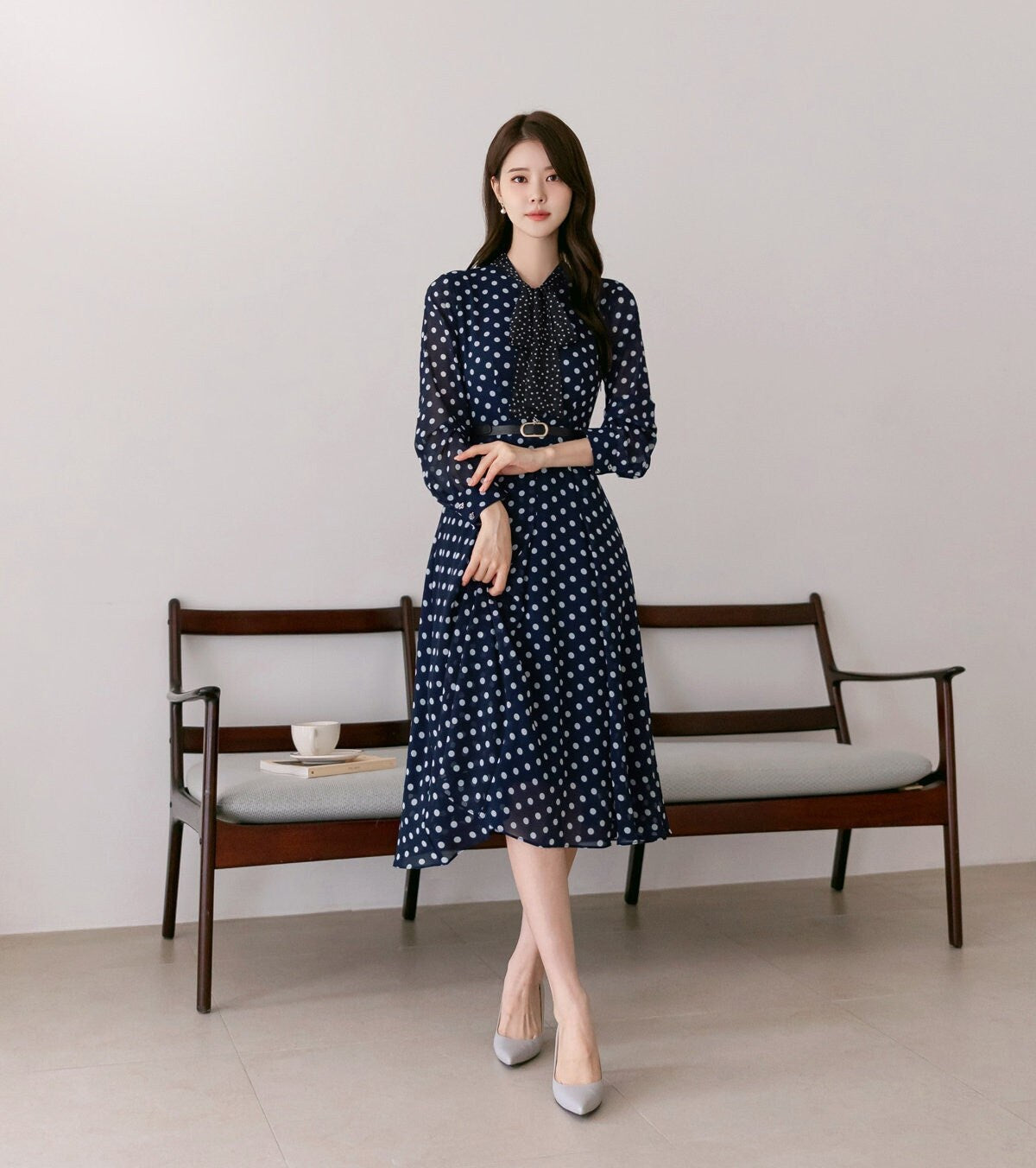 Dot Pattern Tie Neck Chiffon Flare Dress with Belt / Korean Style Long Sleeve Midi Dress