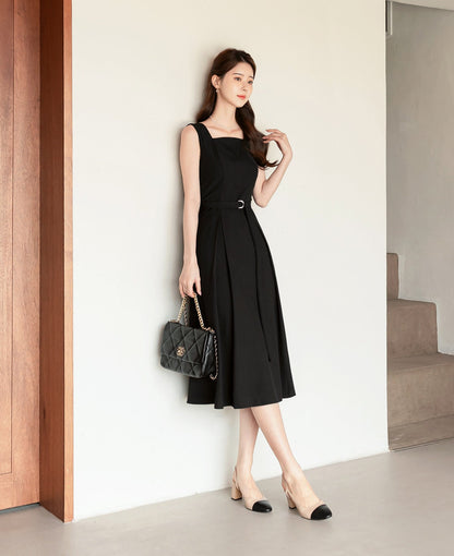 Elegant Feminin Square Neck Sleeveless Flare Dress with Pocket / Korean Style Midi Dress / Clasic Simple Sleeveless Dress for Women