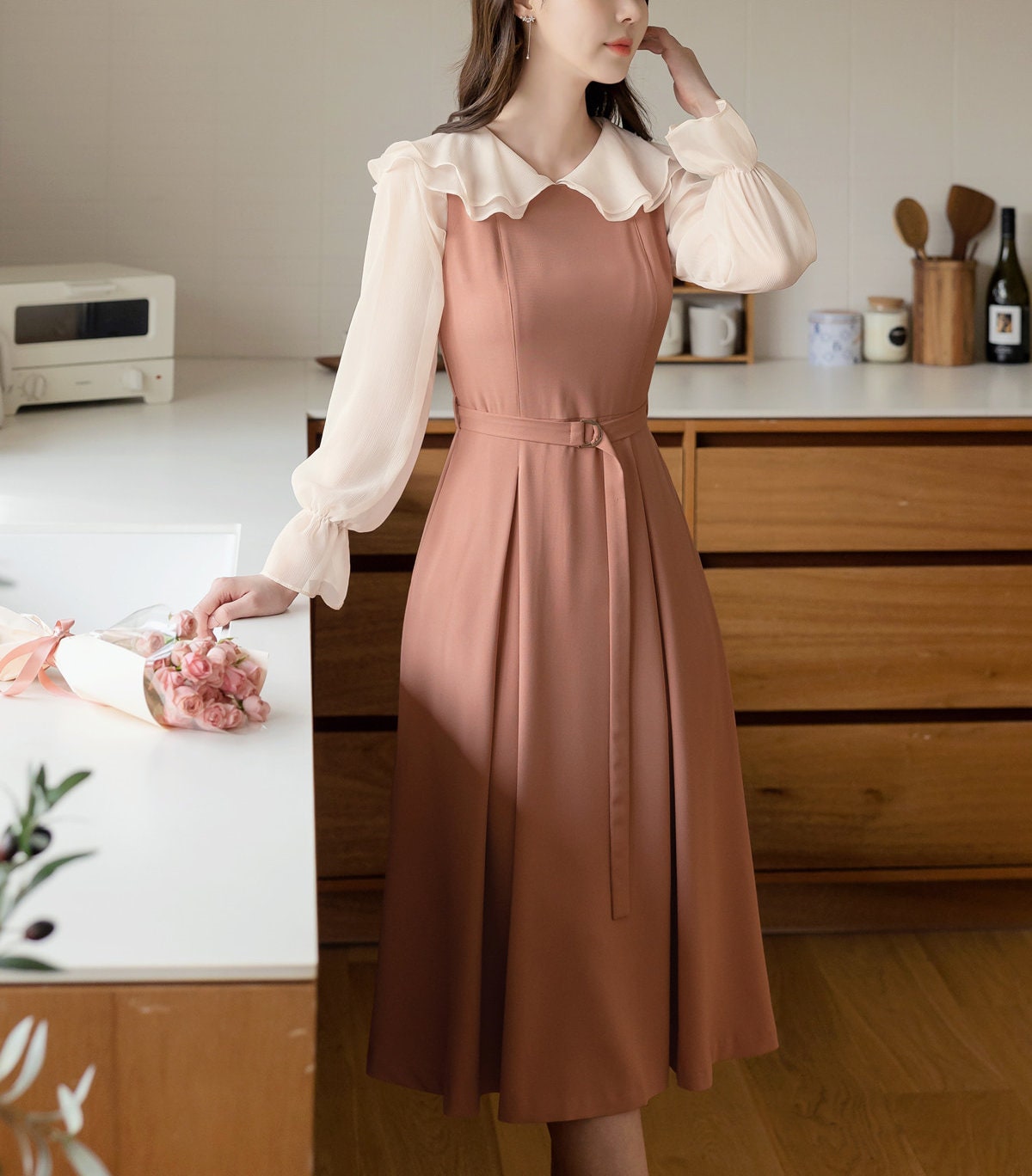 Elegant Feminin Square Neck Sleeveless Flare Dress with Pocket / Korean Style Midi Dress / Clasic Simple Sleeveless Dress for Women