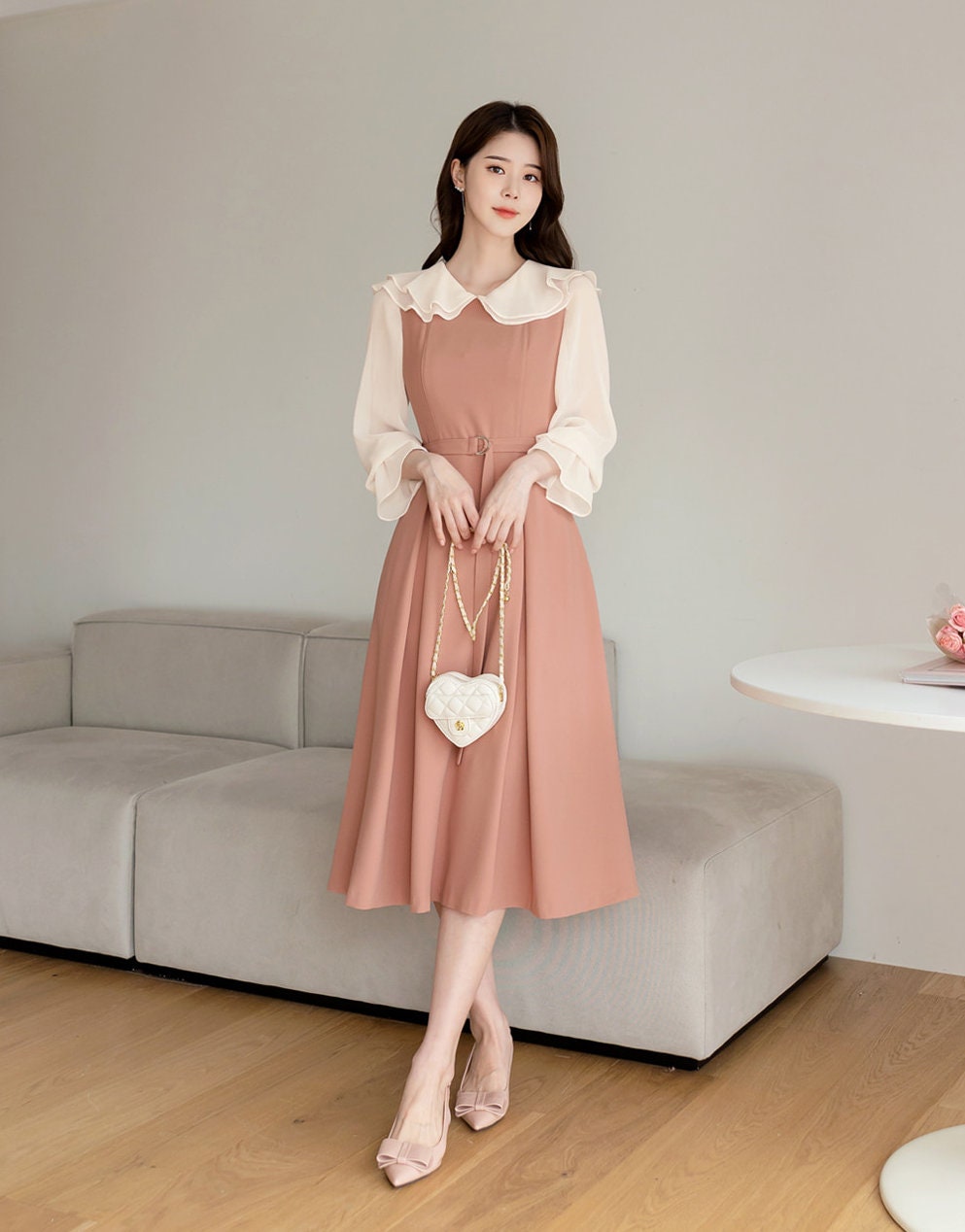 Elegant Feminin Square Neck Sleeveless Flare Dress with Pocket / Korean Style Midi Dress / Clasic Simple Sleeveless Dress for Women