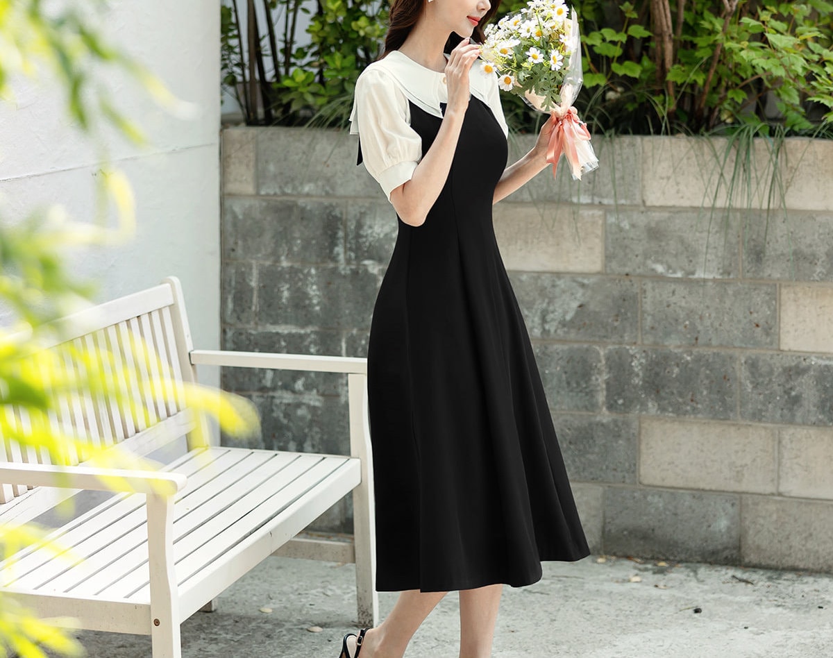 Elegant Feminin Sleeveless Flare Dress / Korean Style Midi Dress / Clasic Simple Sleeveless Dress for Women