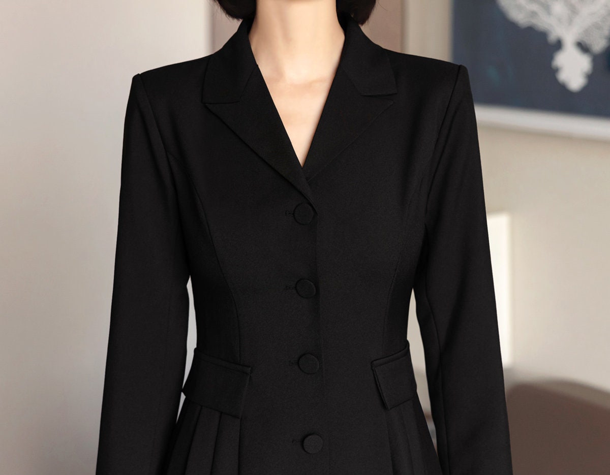 Korean Style Single Breasted Blazer Dress / V Neck Elegant Feminin Black Dress / Jacket Style Modern Chic Midi Dress