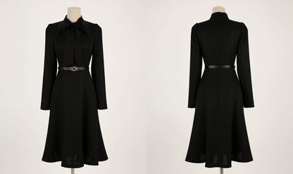 Elegant Feminine Flare Dress with Belt / Korean Style Mini Dress with Long Sleeve / Lovely Ribbon Tie Dress with Belt