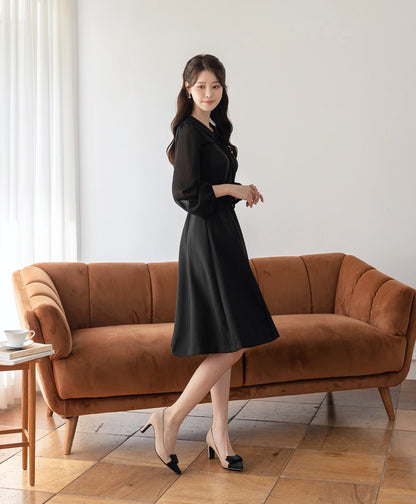 Classic Elegant Feminine Flare Dress / Korean Style Black Mini Dress with See-Through Sleeve / Simple Ribbon Tie Dress