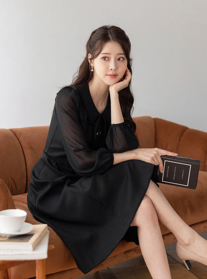 Classic Elegant Feminine Flare Dress / Korean Style Black Mini Dress with See-Through Sleeve / Simple Ribbon Tie Dress