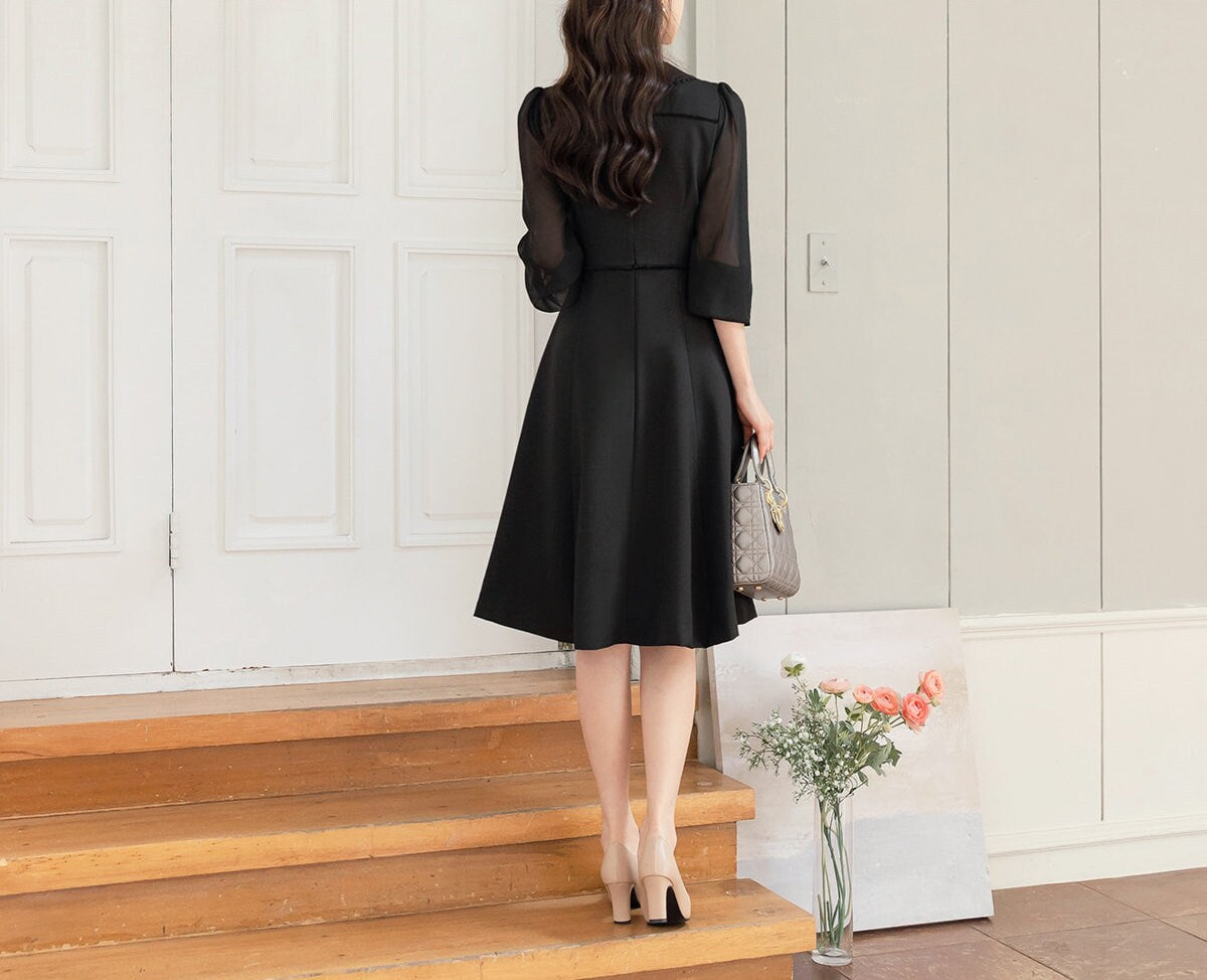 Classic Elegant Feminine Flare Dress / Korean Style Black Mini Dress with See-Through Sleeve / Simple Ribbon Tie Dress