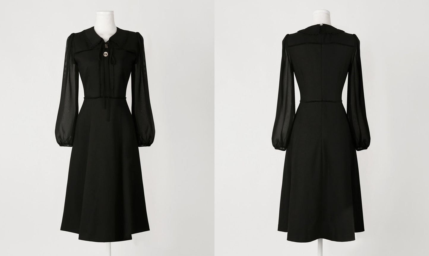 Classic Elegant Feminine Flare Dress / Korean Style Black Mini Dress with See-Through Sleeve / Simple Ribbon Tie Dress