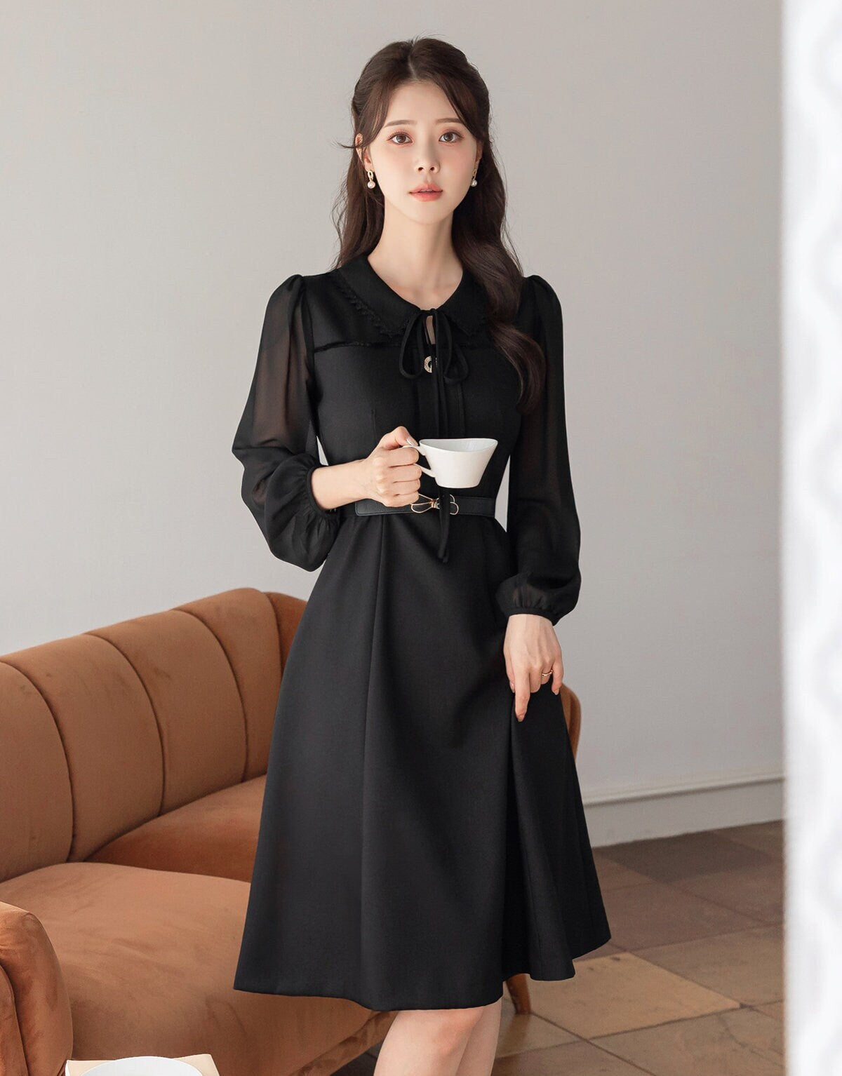 Classic Elegant Feminine Flare Dress / Korean Style Black Mini Dress with See-Through Sleeve / Simple Ribbon Tie Dress