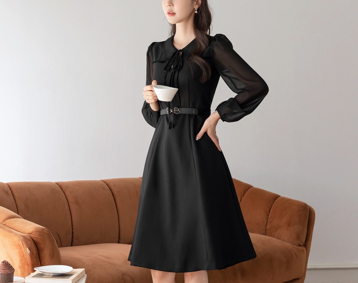 Classic Elegant Feminine Flare Dress / Korean Style Black Mini Dress with See-Through Sleeve / Simple Ribbon Tie Dress