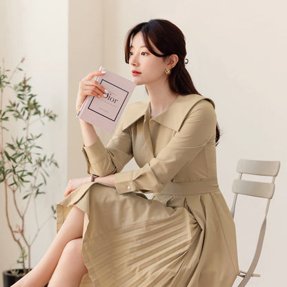 Classic Elegant Pleated Mini Dress with Strap Belt / Korean Style Mini Flare Dress / Elegant Daily Basic Dress