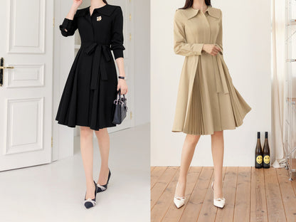 Classic Elegant Pleated Mini Dress with Strap Belt / Korean Style Mini Flare Dress / Elegant Daily Basic Dress