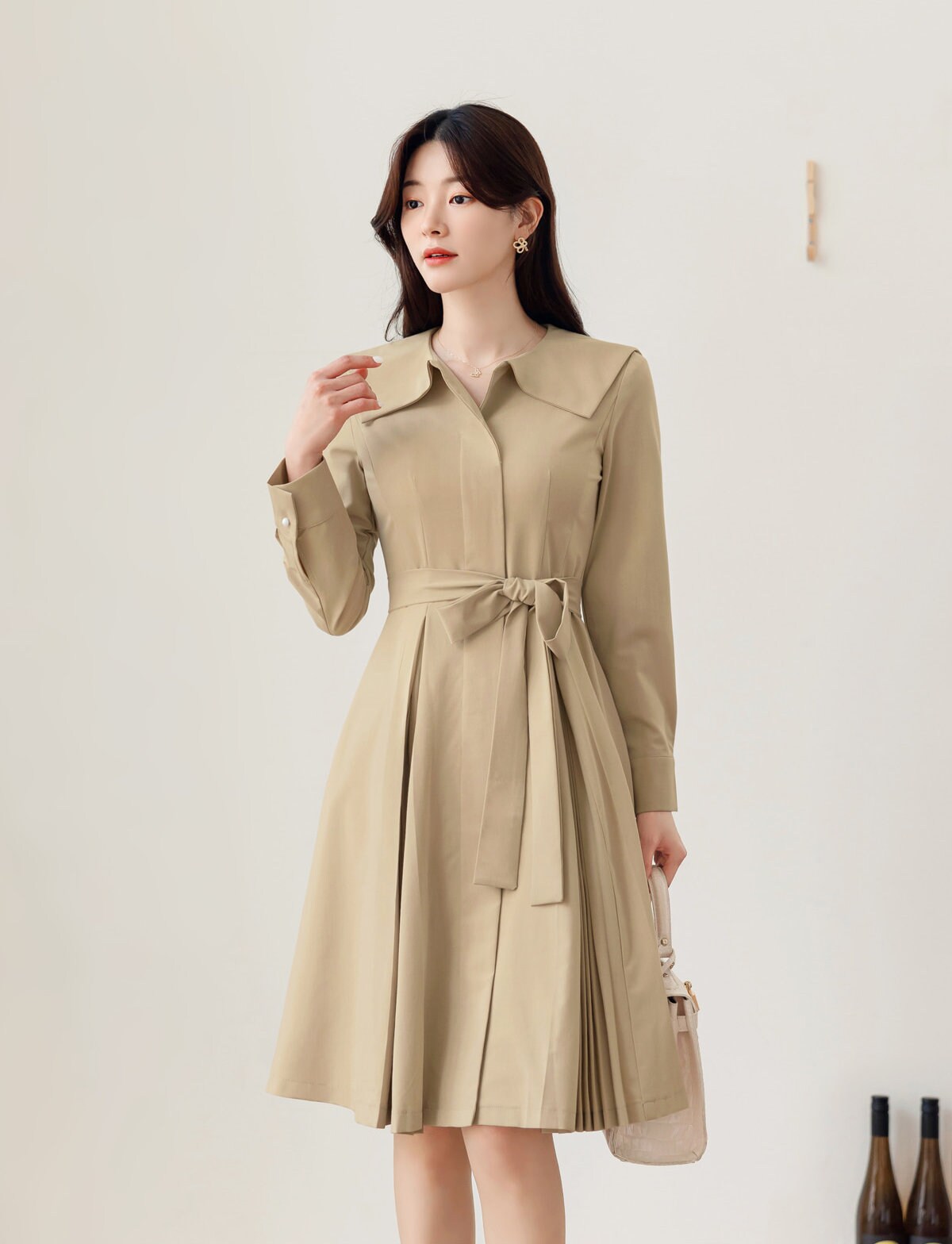 Classic Elegant Pleated Mini Dress with Strap Belt / Korean Style Mini Flare Dress / Elegant Daily Basic Dress