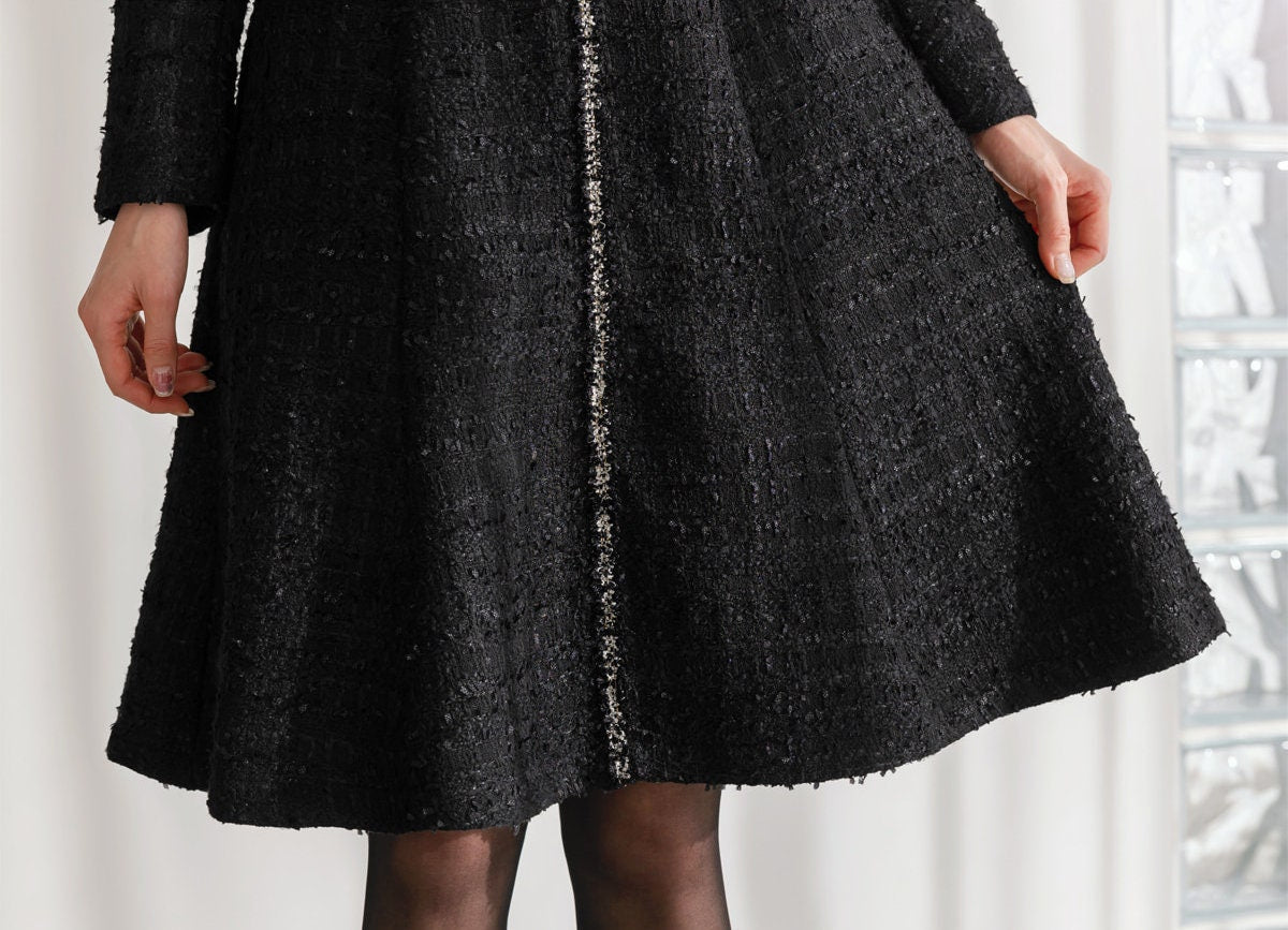 Luxury Elegant Black Tweed Mini Dress with Belt / Korean Style Winter Mini Flare Dress / Luxury wear Elegant Black Dress