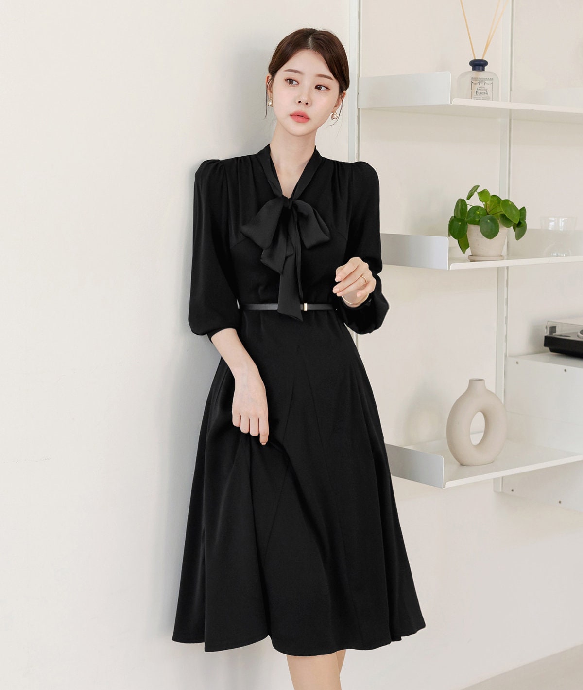 Classic Feminine Flare Dress with Belt / Korean Style Elegant Mini Dress with Long Sleeve / Lovely Scarf Tie Neckline Dress with Belt