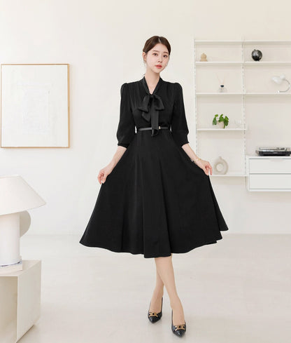 Classic Feminine Flare Dress with Belt / Korean Style Elegant Mini Dress with Long Sleeve / Lovely Scarf Tie Neckline Dress with Belt