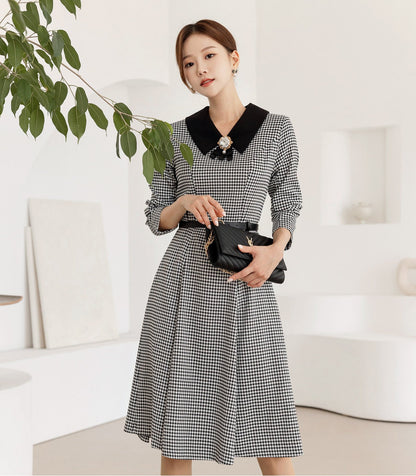 Classic Elegant Houndstooth Tweed Mini Dress with Belt / Korean Style Mini Flare Dress / Luxury Wear Elegant Dress with Chiffon Ribbon Strap