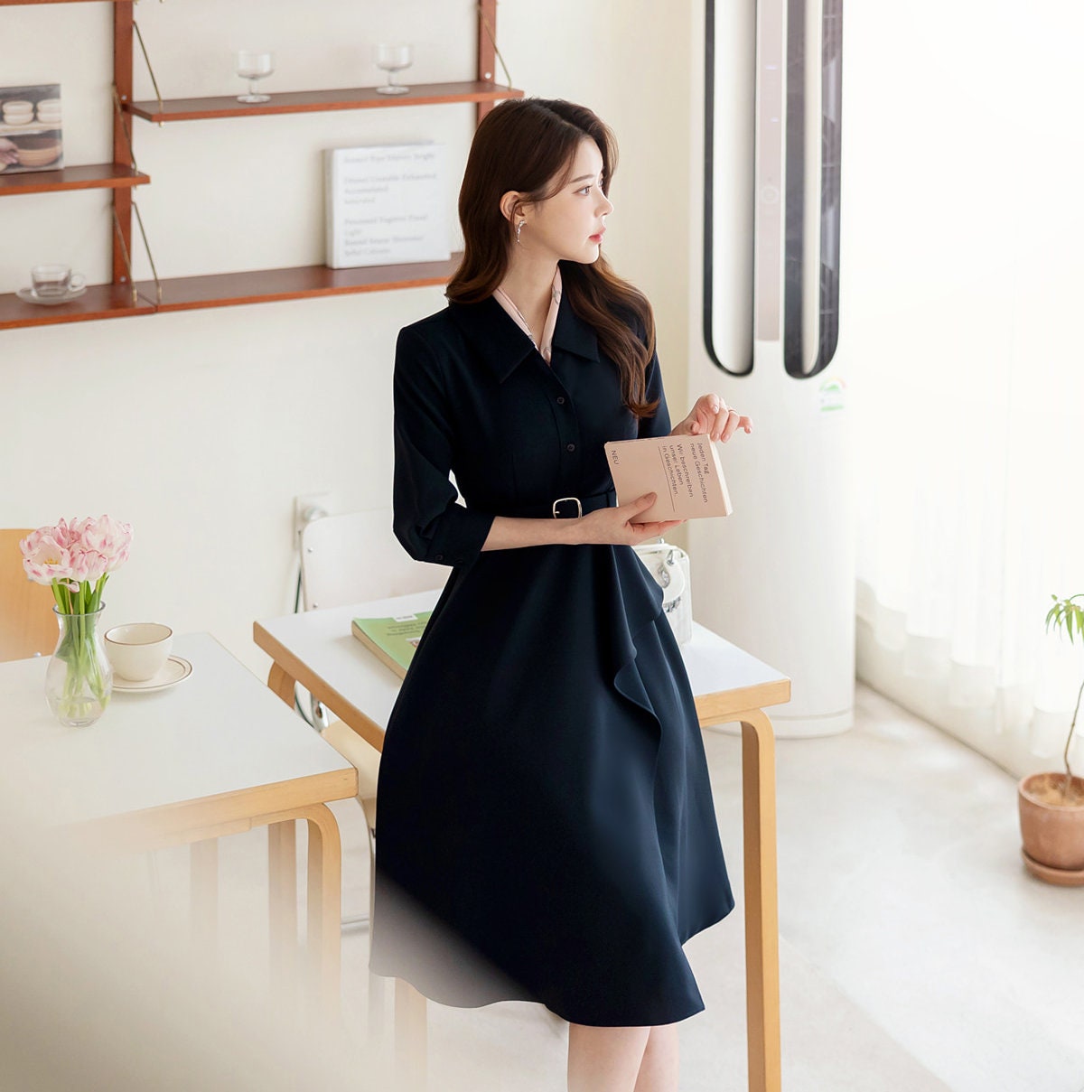 Classic Elegant Navy Flare Mini Dress with Belt / Korean Style Mini Flare Dress / Luxury wear Elegant Dress