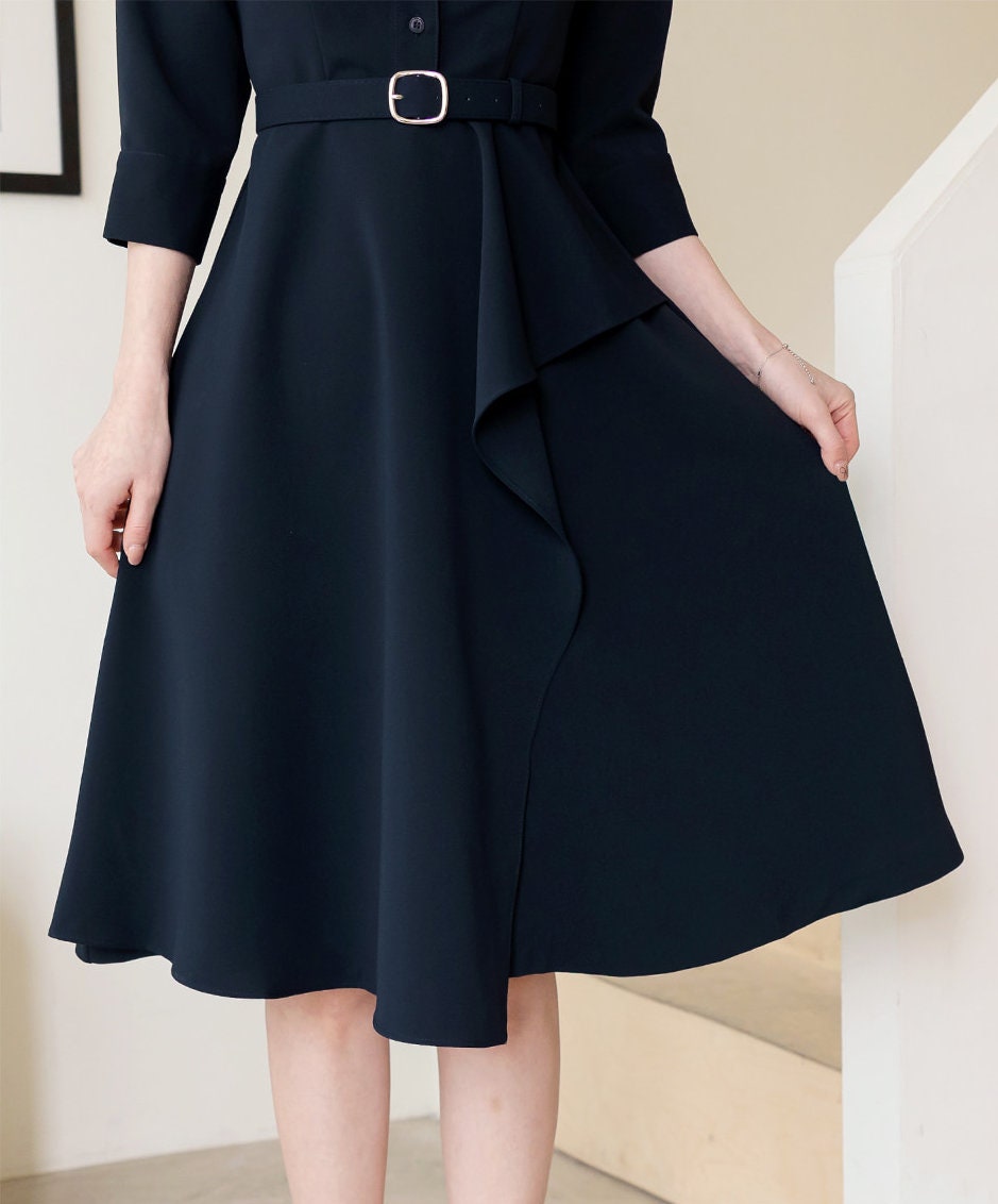 Classic Elegant Navy Flare Mini Dress with Belt / Korean Style Mini Flare Dress / Luxury wear Elegant Dress