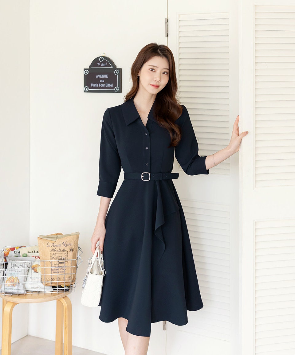 Classic Elegant Navy Flare Mini Dress with Belt / Korean Style Mini Flare Dress / Luxury wear Elegant Dress